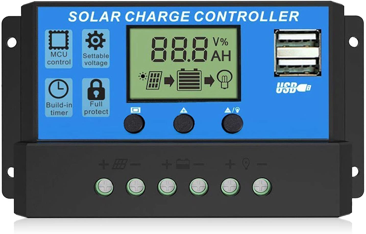 Techtonics Solar Charge Controller 10A - 12v/24v Intelligent Battery charger, 10amp Control charging for Lead Acid & Lithium Battery with USB Port and LCD Display (10A)